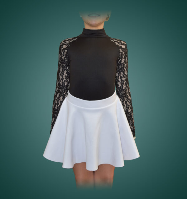 Feis Dress White Irish Dance Skirt and Black Raglan Leotard